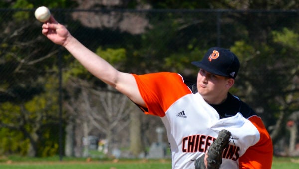 Dowagiac's Cal Cox delivers a pitch during the first game of the Chieftains' doubleheader with South Haven Friday. (Leader photo/KELLY SWEENEY)
