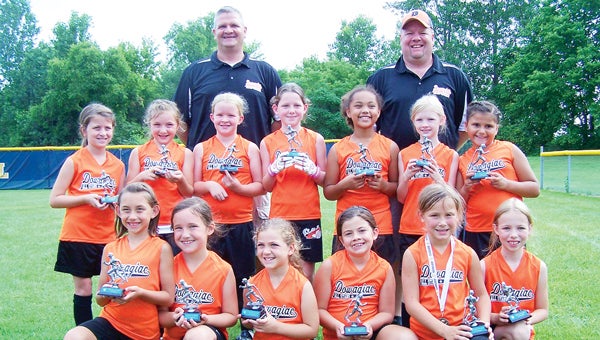 The Dowagiac 8U All-Stars were eliminated by Lakeshore Red at the Eaton Park Invitational. Pictured in front from left are Ruby Maggert, Sarah Varney, Breanna Franks, Molly File, Caleigh Wimberley and Calley Ruff. In back are Hailey Strauss, Abbey Dobberstein, Grace Schell, Piper Ruff, Koya Cross, Scout Hunsberger, Trianna Lee, coach Greg Schell and coach John File. (Leader photo/Provided)