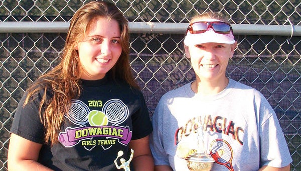 Sue Watson, right, won her record 16th Dowagiac City Tennis Tournament women’s singles tile Sunday. Watson is pictured with runner-up Madison Proshwitz. (Leader photo/Provided)