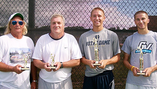 Matt and Brad Miller, right, defeated Larry Watson and Jim Darr to capture the Dowagiac City Tennis Tournament’s men’s doubles title. (Leader photo/Provided)