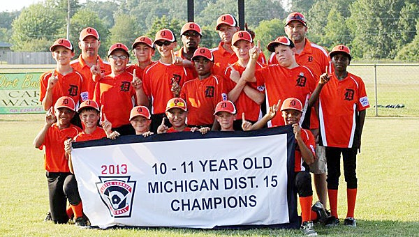 The Dowagiac 10-11 All-Stars swept Ypsilanti 8-5 and 3-1 to claim the Michigan District 15 Sectional title Sunday. The All-Stars now advance to the state tournament at Parchment Little League Saturday. In front from left are Duan Simpson, Tyler Huston, Chris Mosier (bat boy), Cristian Wilson, Matthew Mosier and Tajuan Reed. In back are Thomas Swanson, Coach Chris Wilson, Nicholas Turnbow, Jared Checkley, Kade Schreiber, coach Devon Brooks, Dashawn Brooks, manger Martin Mosier, Hunter Williamson, Garrett Pillivant, coach Craig Checkley and Timothy Howard. Missing is coach Deric Turnbow. (Leader photo/Provided)