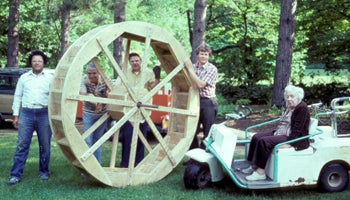 Kay Boydston, right, with staff and volunteers as the new waterwheel arrived at Fernwood in 1983. Submitted photo
