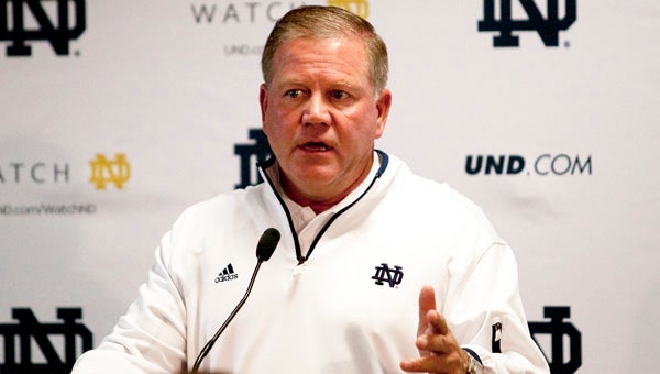 Notre Dame head coach Brian Kelly talks to the media about the upcoming season Thursday. (Leader photo/AMELIO RODRIGUEZ)