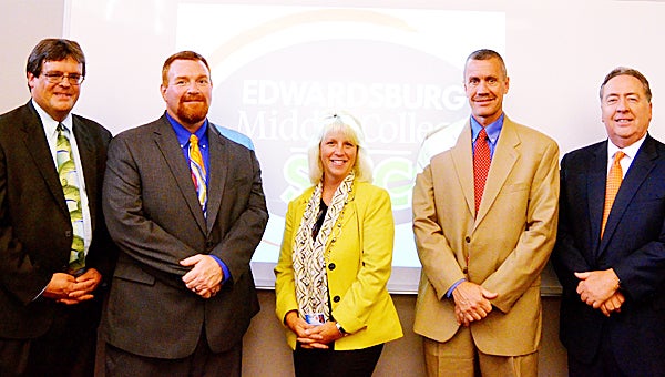 David Fleming, Jeff Leslie, Myra Munroe, David Mathews and Sherman Ostrander were on hand Monday for the Edwardsburg Middle College open house, which was well attended. (Leader photos/Kelly Sweeney)
