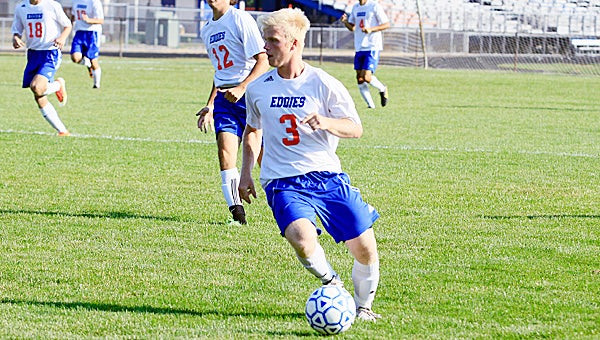 Edwardsburg’s Tyler Treat scored the only goal in regulation for the Eddies, who defeated visiting Otsego 2-1 in a shootout Tuesday. (Leader photo/AMELIO RODRIGUEZ)