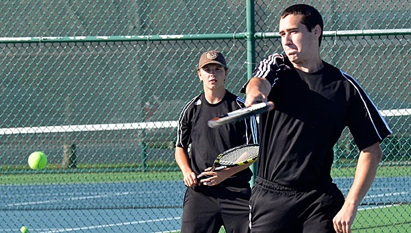Dowagiac’s No. 2 doubles team of Jennings Brosnan and Tony Kidman compete against Edwardsburg Monday afternoon. (Leader photo/KELLY SWEENEY)