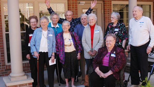 The Niles High School Class of 1938 members gather for their 75th reunion at Brentwood at Niles Tuesday. Pictured are: Anne Brelowski, Keith Hamrick, Genevieve Hamilton, Adah (Steiner) Goodhand, Madesta (DePoy) Robinson, Marion (Bessemer) Wedel, Margaret Peterson, Marg Brown and Richard Wurz. Donna Ochenryder, seated, helped with the program but is not a member of the class. Leader photo/CRAIG HAUPERT