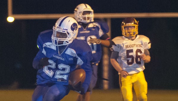 Marquise Curtis runs for a first down in Cassopolis' 35-12 win over previously undefeated Brandywine Friday night. (Leader photo/JOSEPH WEISER)