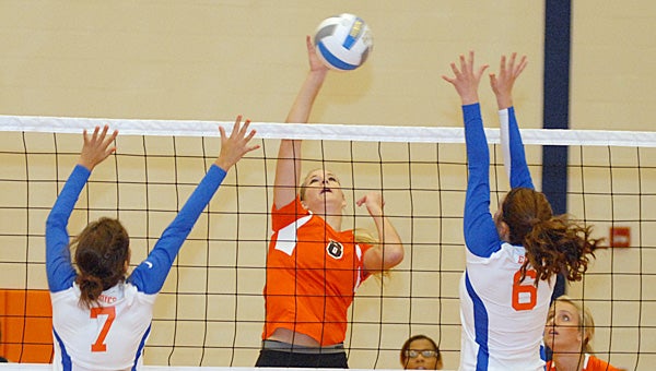 Dowagiac’s Annie Ennesser goes for a kill against Edwardsburg Thursday night. The Eddies defeated the Chieftains 3-1 in a Wolverine West Division match. (Leader photo/SCOTT NOVAK)