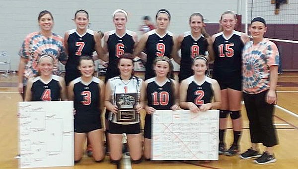 The Dowagiac JV volleyball team won the Rachel Magers Memorial in Eau Claire Saturday. Pictured are Alyssa Allen, Anne Zebell, Brittany Malin, Ellen Cox, Heather Olson, Katie Purlee, Kourtney Mitchell, Mara Nelson, McKinzie Kiggins and Taylor Hulett. Not pictured is Alyssa Crocker. The team is coached by Christina Carpenter and Brittany Gnatz. (Leader photo/Provided)