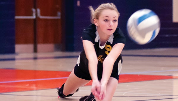 Brandywine's Abby Cole digs up a ball against River Valley Monday night. (Leader photo/JOSEPH WEISER)